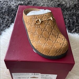 Tan Suede Horsebit Clog with Gold Hardware